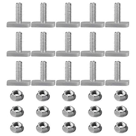 15 kpl T-ura pultin korvaus, M8 x 20 ruuvit, A2-70 kiskoruuvit kiskomuttereilla ja 15 laippamutterilla