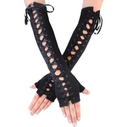 Naisten sormittomat lapaset kyynärpäähän asti, nauhoilla kiinnitettävät, steampunk-asuun, käsivarren lämmittimet