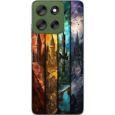 Kompatibel Mobilcover til Motorola Motorola Moto G56 Fire magiske slotte i forskellige elementfarver, episk fantasykunst med ild vand luft og mørke i