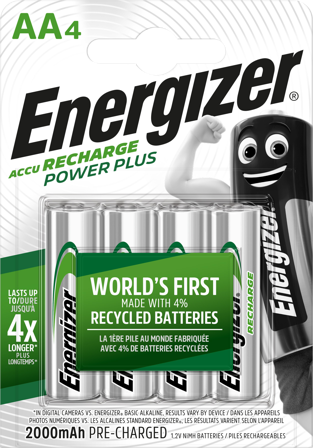 Energizer Recharge Power Plus Batteri laddningsbart, AA, 1,2 V, 4-pack, Elfördelning & strömförsörjning