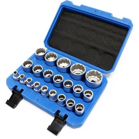1/2" (12-7 mm) 21-dele topnøglesæt med tolvkant 8-36 mm spline bits og momentnøgle