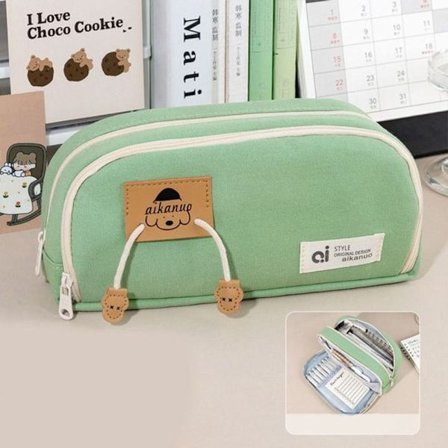 Kawaii Dog Pencil Tasker Canvas Pencil Pouch GRØN