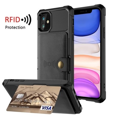 iPhone 11 - Stöttåligt Skal 4-FACKS Korthållare Svart