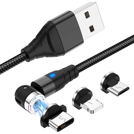 Magnetisk kabel, 3 i 1 L formad nylon USB snabbladdning och datasynkroniseringssladd med LED-ljus kompatibel med Micro USB, typ C smartphone och