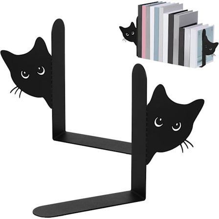 Metall Bokstøtter Pakke - Kattedesign - 23.3*18*4cm - for Skole, Kontor og Hjem - Svart (Fullt Ansikt)