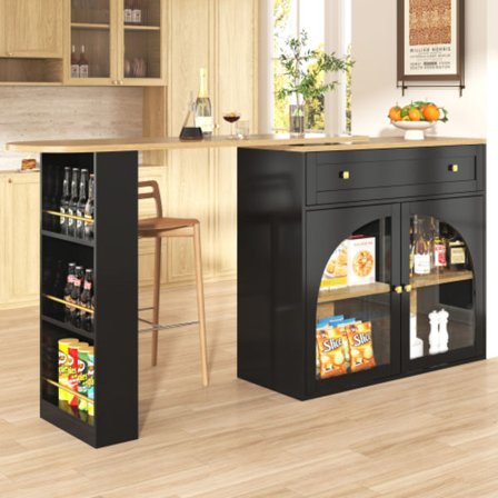 Utdragbart barbord, 360° roterbart, 138-204x39x104cm, med förvaringsutrymme och glas, högt bord för köksö, svart