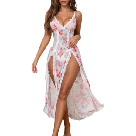 2025 Siste Modell Dameundertøy Blonde Babydoll Chemise Sexy Mesh Nattkjole V-hals Nattøy Sidesplitt Nattkjole S-XXL Hvit-rosa Blomstret