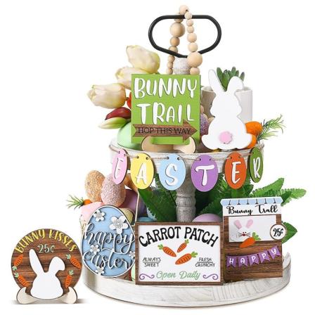 Påske Spring Tiered brett Dekor Bunny Kaniner Egg Bord Treskilt dekorasjoner