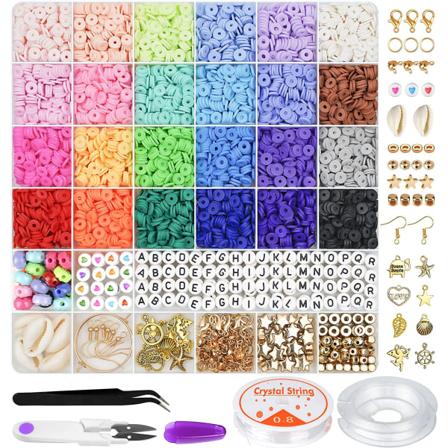 6000 stk Leireperler til armbåndslaging, 24 farger Flat Round Polymer Clay Perler 6mm Spacer Heishi Perler med anhengssett og elastiske snorer