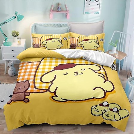 Sengetøysett MV341 Tegneserie Dynetrekksett, Anime Sengetøysett, Pompompurin 3-delt Dynetrekksett, 1 Dynetrekk og 2 Putetrekk YF341