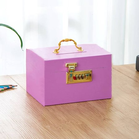 Trekasse i tre med retro-design, skattekiste, myntbeholder med kodelås (14,5 x 9,5 cm, rosa)