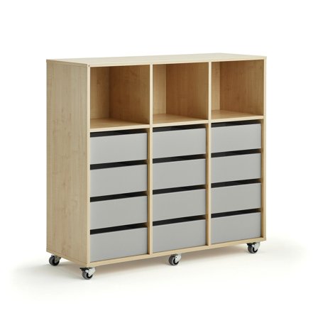 Schüleraufbewahrung CASPER, 12 Schubladen, 3 obere Fächer, Birke, grau