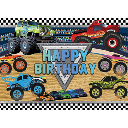 Monstertruck Party Bakgrunn Grattis på Bursdagen Bakgrunn Monster Truck Bursdagsfest Tilbehør, Vinyl Monster Truck Bakgrunn Monster
