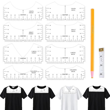 8 kappaletta T-paita-kohdistustyökalua, T-paita-viivainopas 150 cm:n pehmeällä mittanauhalla ja 1 kynällä kangassuunnittelutarvikkeisiin