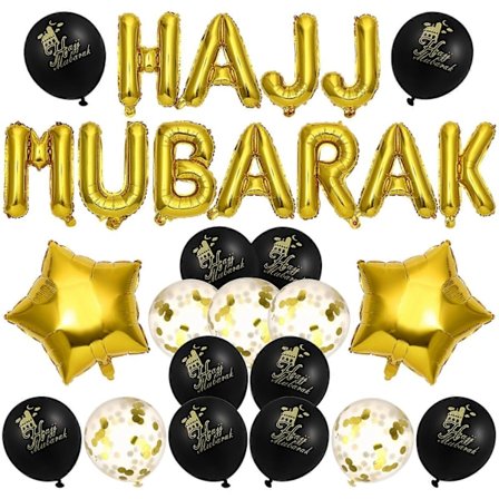 HAJJ MUBARAK Bokstav Latex Ballonger Dekorativ Feirende Bakgrunnsoppsett Ballongsett for Eid Al-Fitr (Svart og Gull)