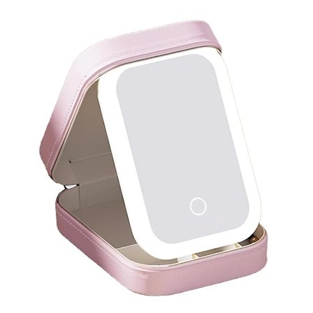 LED-makeup spejl med tre justerbare farver, LED-sminkespejl, kosmetisk opbevaringsboks, smykkeskrin af høj kvalitet, smykkeskrin, pink