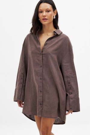 NA-KD Robe chemise courte en lin mélangé - Robes Chemise - Marron - EU 32