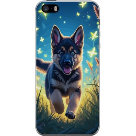 Kompatibelt Mobilskal till Apple Apple iPhone SE (2016) Tysk schäfer valp affisch valp hund hoppar äng fjärilar söt hund illustration blå nattkon