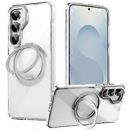 Til Samsung Galaxy S25 Magnetisk Cover Roterende Gear Pivot Støtteben PC + TPU Telefon Bagside Cover (Transparent)