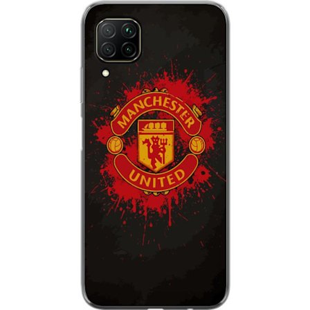 Kompatibelt Mobildeksel til Huawei Huawei P40 lite Manchester United logo i rød og gul farge med røff sportslig bakgrunn
