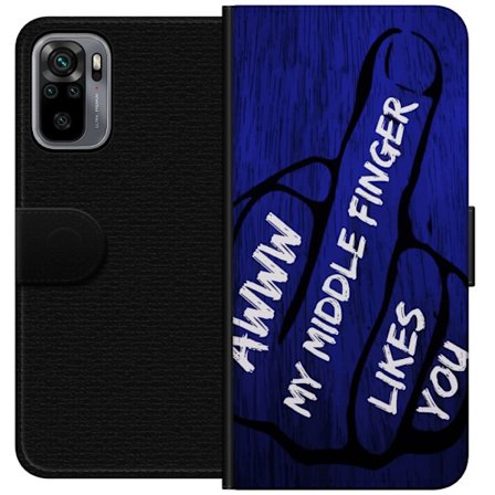 Kompatibelt Lommeboketui til Xiaomi Redmi Note 10S Mørk typografisk illustrasjon med hjerteform og budskap om vennskap mot dyp blå tretekstur