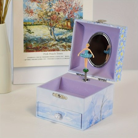 Tyylikäs kaksikerroksinen soittorasia peilillä ja tanssivatytön hahmolla - Violetti, kirsikankukkakuvio, ihanteellinen kodin sisustukseen ja 