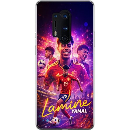 Yhteensopiva Puhelinkuori OnePlus OnePlus 8 Pro Lamine Yamal jalkapallo juliste Espanjan maajoukkueen pelipaidassa dynaamisella liikkeellä, värikkä