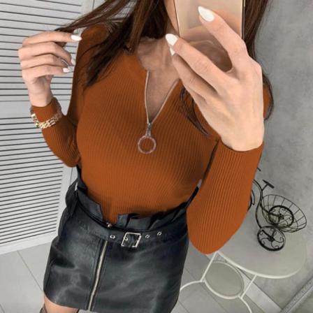 Ribbstickad Dragkedja För Damer Enfärgad Långärmad Tröja