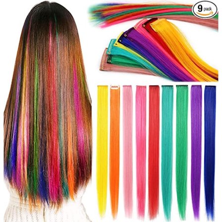 Regnbuehår Extensions Farvet Hår Extensions Clip In/On Til Piger Hår Tilbehør Paryk Stykker Til Kvinder 9PCS