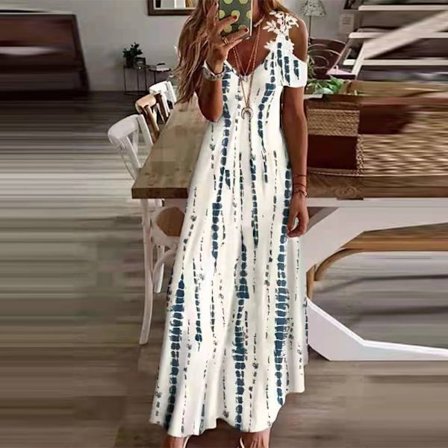 Store Black Friday Tilbud! Sommerkjole til Kvinder med Korte Ærmer, Lang Hæklet Maxikjole, Sort Hvid Tie Dye 3XL Stribe