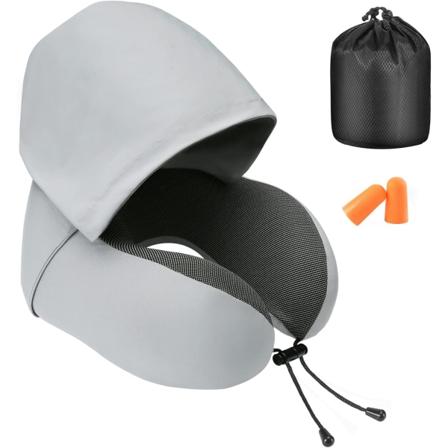 Resepåse för nacke minnesskum, huvad resenacke för vuxna, bekväm nackkudde för resor med huva Light gray