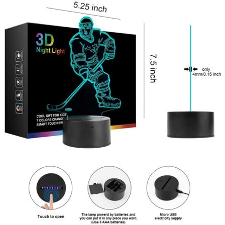 Jääkiekkoilija 3D-yövalolamppu lapsille 7 LED-väriä vaihtava kosketuspöytävalaisin valaistus Siisti lelulahjat syntymäpäiväkoriste