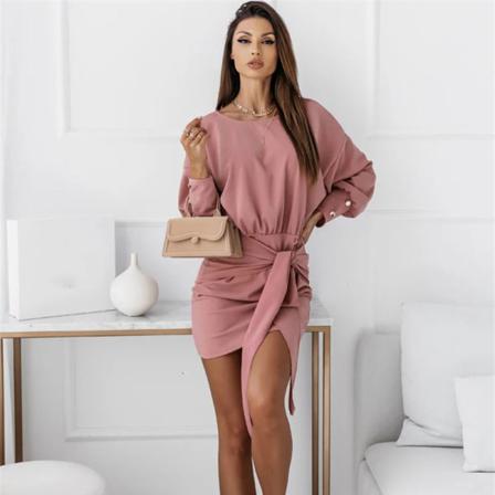 Knot Front Belt Solid Bodycon Dress Autumn Drop Shoulder Long S