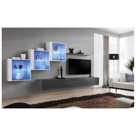 Vægensemble - Switch XX - 3 vitriner - 2 TV-bænke - 1 hylde - Hvid og grafit - Model 1