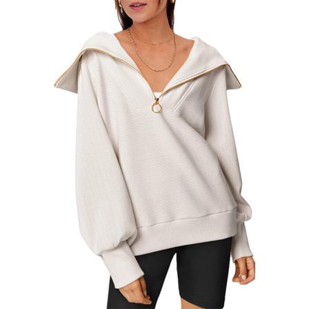 Ladies Front Zip Lapel Ribbed Sweatshirt Enfärgad Jumper Tops
