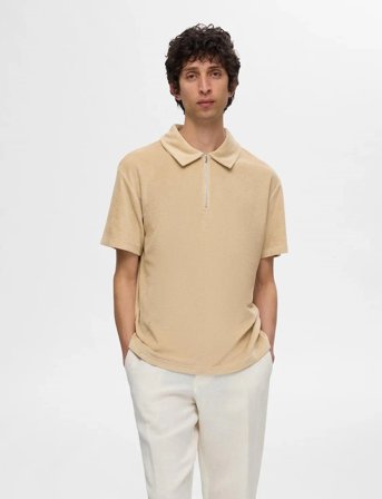 Selected Slhrelax-Terry Ss Zip Polo Ex - Beige - XXL
