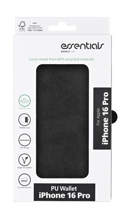 Essentials iPhone 16 Pro PU wallet, recycled, 3 cards, black