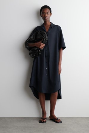 COS Women's Kortärmad Midi Skjortklänning Med Skärp in Blå