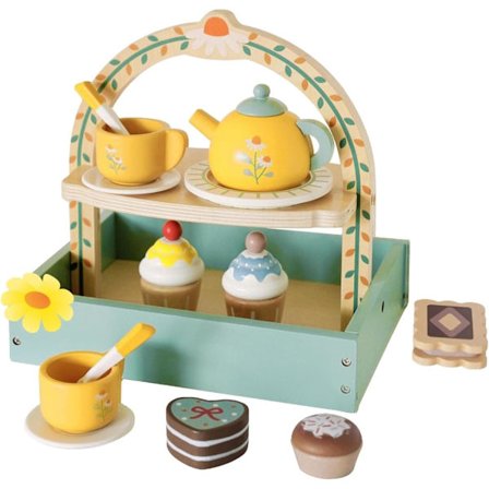 Tre-tesett med desserter, kake og leker for barn, tesett for barn, late som-lek, kjøkkentilbehør i tre for barn.