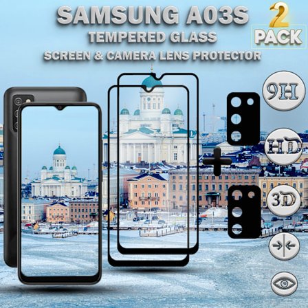2-Pack Samsung A03s Skärmskydd & 2-Pack linsskydd - Härdat Glas 9H - Super kvalitet 3D
