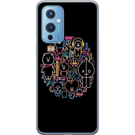 OnePlus 9 Genomskinligt Skal Färgstark BT21 neonillustration fylld med lekfulla figurer, symboler och detaljer i en rund komposition som lyser mot sv
