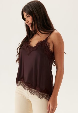Bubbleroom - Viscose Satin Lace Singlet - Brown - Kläder