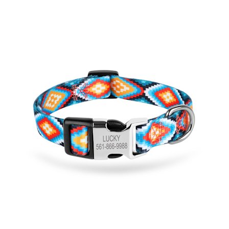 (Brugerdefineret) Laserindgraveret metalspænde hundehalsbånd, information der kan tilpasses, forskellige trendy prints, justerbar størrelse, egnet til