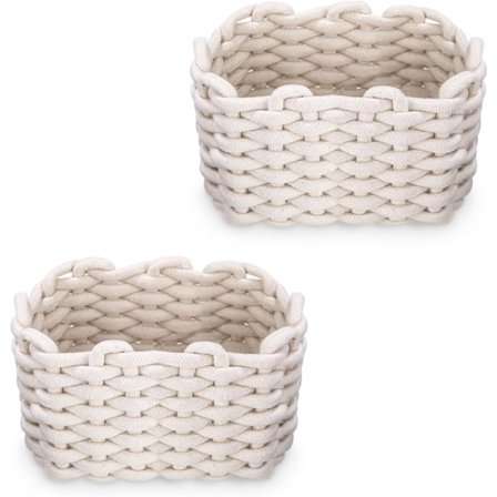 Tvådelat förvaringskorgset, bomullsvävd korg, vit, för förvaring av små hushållsartiklar.