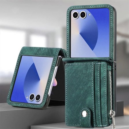 Samsung Z Flip 7 mobilskal, 2-i-1 avtagbart korthållare, vikbart skärmskydd i PU-läder (Mörkgrön) Samsung Z Flip 7, SD
