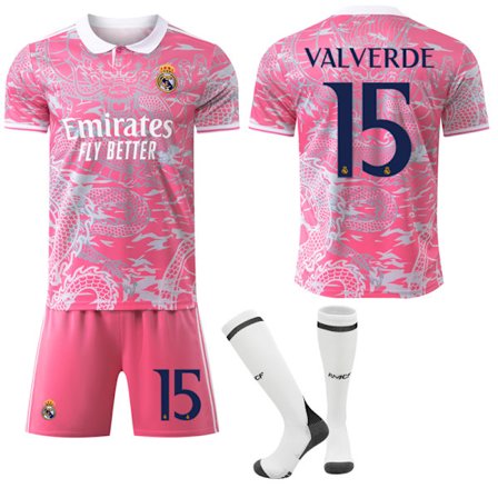 25-26 Real Madrid CF Rosa Drakmönster Special Anniversary Edition NO.15 VALVERDE Tröjor Barn Vuxen Fotbollsutrustning med Strumpor