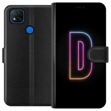 Kompatibel Tegnebogsetui til Xiaomi Xiaomi Redmi 9C Minimalistisk neonbogstav D i farveskiftende lys mod sort baggrund i moderne digital design