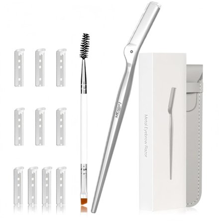 Ögonbrynskniv i rostfritt stål - Ansiktsrakhyvlar med resefodral & 10 påfyllningsblad, Ögonbrynsborste - Hjälper till att exfoliera och jämna ut huden