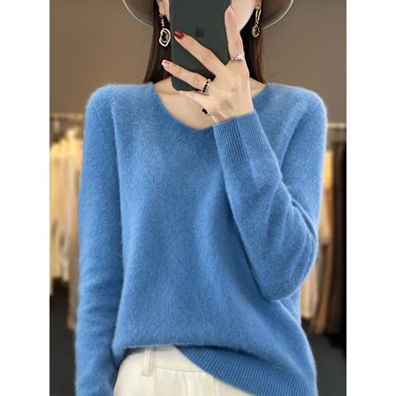 Hösten Vinter Kvinnors Tröja 100% Merinoull Stickkläder V-Hals Basic Cashmir Fase Hion Kläder Topparna Wumai Blue XL