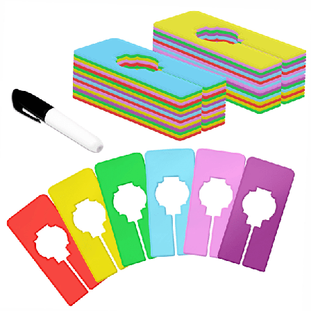 30-pakning skillevegger for garderobe, 6 farger rektangulære kleshengere, med tusj, skrivbar, gjenbrukbar, for sortering av klesstørrelse, farge og 